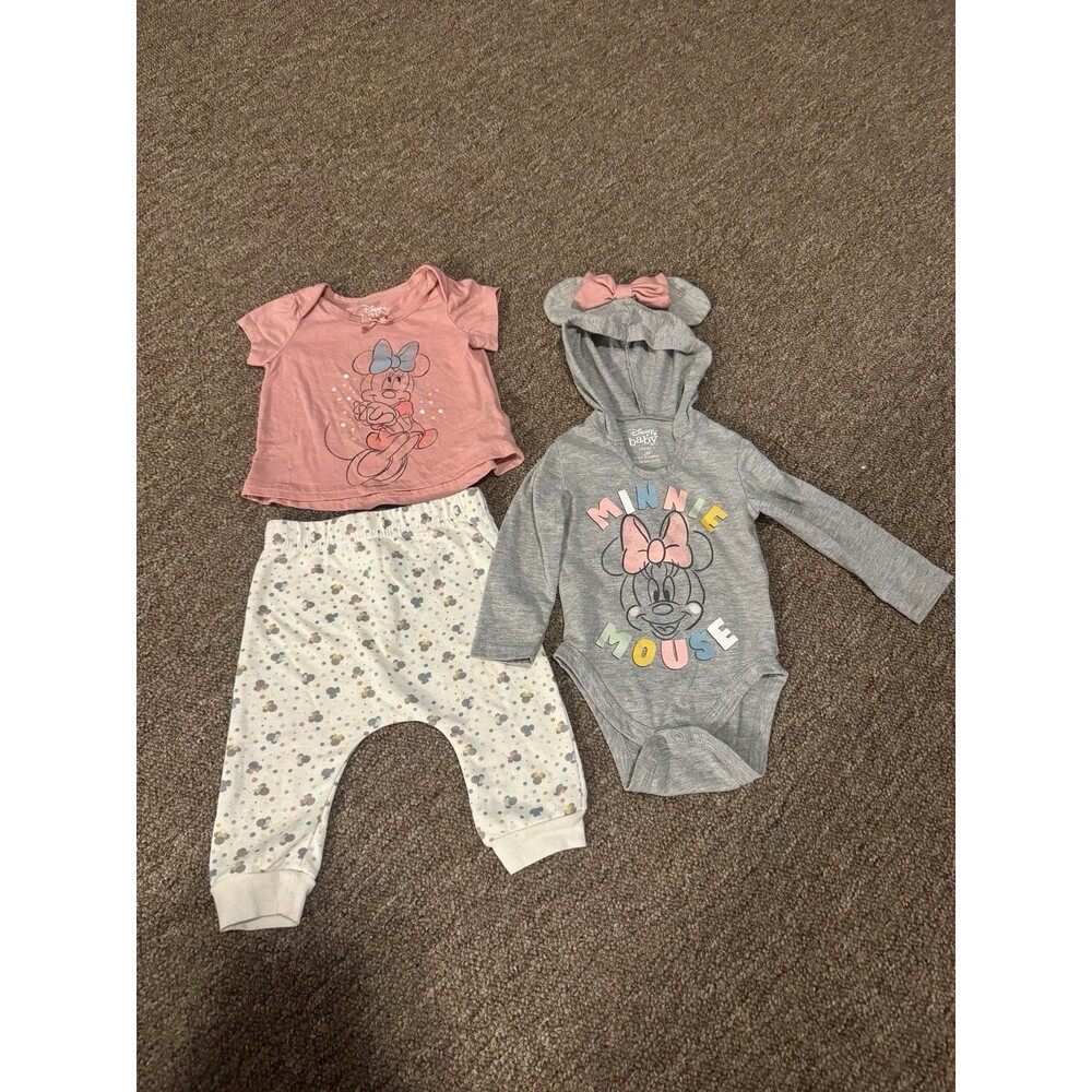 Minnie Mouse Disney Bundle Baby Girl 3 Piece Outfit Pink Cream Grey 12 Month EUC